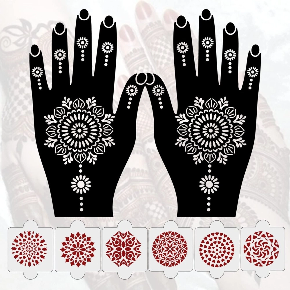 Ivana\'s Pack of 8 Pcs (2 Pcs Heena Stencil Tatto + 6 Pcs Laser Cut PVC Reusable Heena Stencils), Heena Mehandi Sticker,Mehandi Stickers for Full Hand for Women, Girls and Kids, Easy to Apply,IVNH-1045