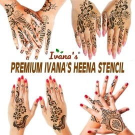 Ivana\'s Pack of 8 Pcs (2 Pcs Heena Stencil Tatto + 6 Pcs Laser Cut PVC Reusable Heena Stencils), Heena Mehandi Sticker,Mehandi Stickers for Full Hand for Women, Girls and Kids, Easy to Apply,IVNH-1045