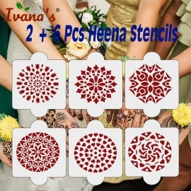 Ivana\'s Pack of 8 Pcs (2 Pcs Heena Stencil Tatto + 6 Pcs Laser Cut PVC Reusable Heena Stencils), Heena Mehandi Sticker,Mehandi Stickers for Full Hand for Women, Girls and Kids, Easy to Apply,IVNH-1045