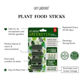 Lazy Gardener GreenStix Plant Food | Natural Magic Stick for Indoor & Outdoor Plants | Organic Fertilizer Sticks for Pot Plants | Slow-Release Fertilizer for Home Garden & Indoor Plants (Pack of 16)