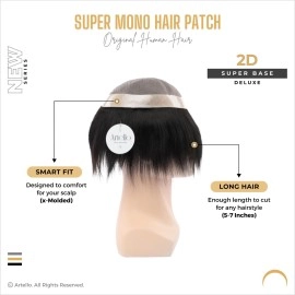 Artello SUPER MONO Smart Hair Patch for Men, Fine Hair Wig in 100% Natural Human Hair, Easy Fit with Tape, Glue or Clips, 2D Super Base (Colour: Naturally Black) (8x6)