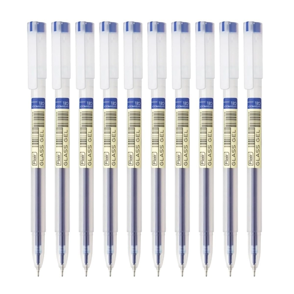 FLAIR Glass Gel Pen Wallet Pack | Tip Size 0.6 mm | Water Proof Ink For Smooth Flow System | Low-Viscosity Ink For Smudge Free Writing | Blue ink, Pack of 10