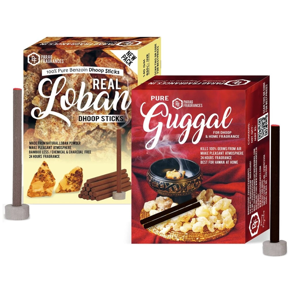 Parag Fragrances 100% Natural Resin Dhoop Sticks for Pooja, Home Fragrance, Hawan, Air Purification and Meditation (Combo - Real Loban & Pure Guggal)