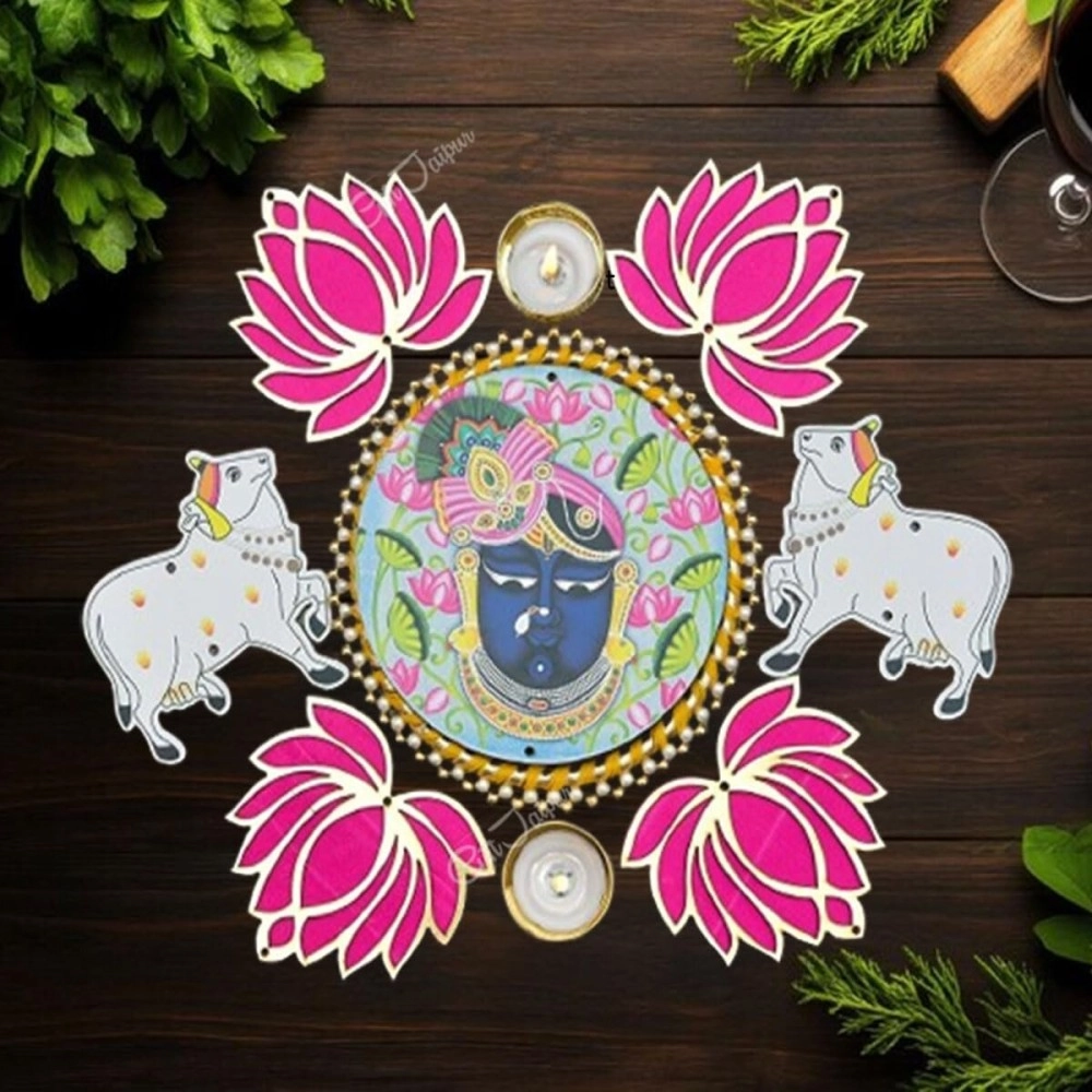 GIFT JAIPUR 7 Pc Pink Lotus Shrinathji and pichwai Cow Cutouts diyas Rangoli Deepak Diyas Home Temple Decorations for Diwali, Dusshera Wedding Pooja Festival New Year Gift