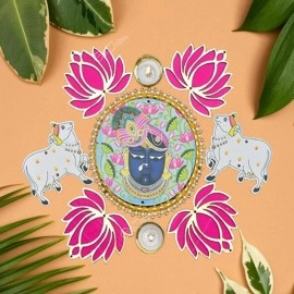 GIFT JAIPUR 7 Pc Pink Lotus Shrinathji and pichwai Cow Cutouts diyas Rangoli Deepak Diyas Home Temple Decorations for Diwali, Dusshera Wedding Pooja Festival New Year Gift
