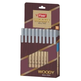 FLAIR Woody Ball Pen Wallet Pack | 0.7 mm Tip Size | Attractive Woody Design | Smooth Ink Flow System With Low-Viscosity Ink | Smudge Free Writing | Black Ink, Set Of 10 Pens