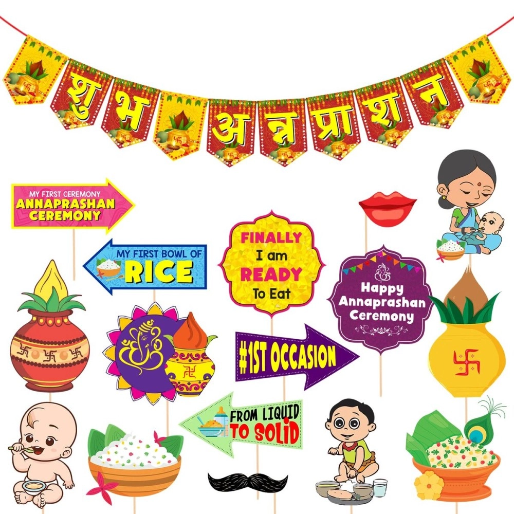 Zyozique Annaprasanam Photo Booth Props with Annaprasanam Paper Banner Hindi Font Shubh Annaprashan Yellow & Red Color Font/Rice Ceremony Decorations Items /(Pack of 17)