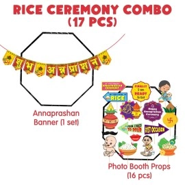 Zyozique Annaprasanam Photo Booth Props with Annaprasanam Paper Banner Hindi Font Shubh Annaprashan Yellow & Red Color Font/Rice Ceremony Decorations Items /(Pack of 17)