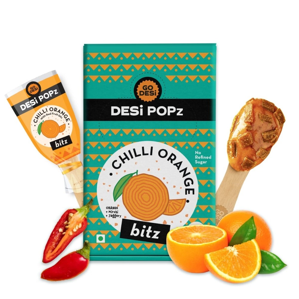 GO DESi Popz with Bitz - Chilli Orange Pop | Orange & Chilli Candy | Lollipop | Fruit Toffee | Indian Snacks | 50 Pieces | 400g Candy Packet