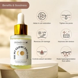 Dromen & Co. Oh My Glow! face oil is made using naturally accumulated Vitamin C, Vitamin A, Vitamin B-complex, Vitamin E, and Argan oil. An oil-based glow-boosting daily potion