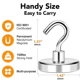 MIKEDE Magnetic Hooks Heavy Duty, 150Lbs+ Super Strong Magnetic Hooks for Cruise Essentials, Neodymium Earth Magnets with Hook for Hanging, Magnetic Metal Hanger for Fridge, Toolbox, Storage, 4 Pack