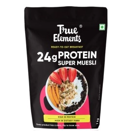 True Elements Protein Muesli 1kg - 24g Clean Protein | With 15% Millets, Almonds, Seeds & Black Currant | High Protein Breakfast Cereal | 100% Wholegrain Muesli