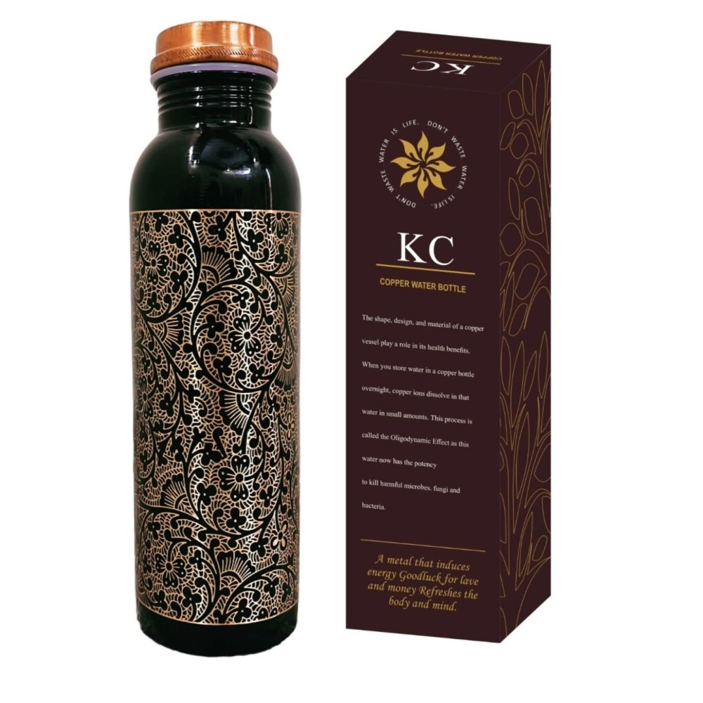 KC Pure Copper Designer Water Bottle with Advanced Leak Proof Protection and Joint Less, Ayurveda and Yoga Health Benefits. (1000ml, Pack of 1Unit) With Antique Look