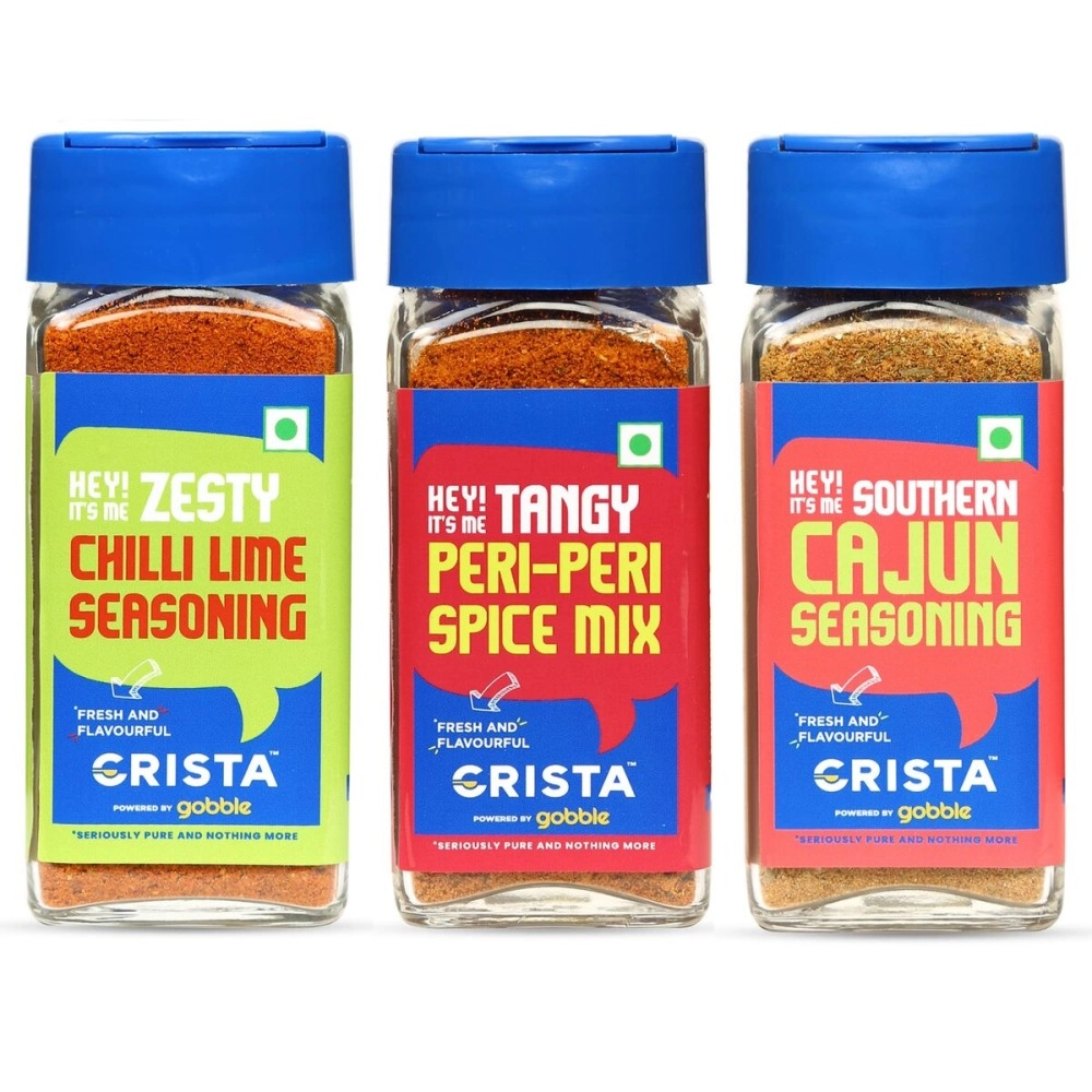 CRISTA International Seasonings Combo Pack - 6 | Cajun Seasoning x 1, 45 gms | Chilli Lime Seasoning, 50 gms | Peri Peri Mix x 1, 45 gms | Zero added Colours, Additives & Preservatives | Pack of 3