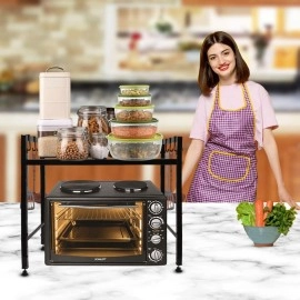 A to Z Hub Wall Mount Microwave Oven Rack - Metal Holder Storage Stand - Cooker Utensils Dish Shelf Organizer with Hooks for Home & Kitchen Appliances