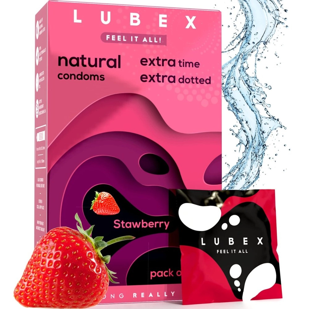 Lubex 6 in 1 Condoms - Long Lasting, Extra Dotted with Condom Disposable Bags - Extra Ribbed for Girls & Extra Time for Men - Strawberry Flavour - Combo Pack of 12 Condoms