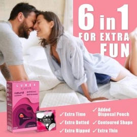 Lubex 6 in 1 Condoms - Long Lasting, Extra Dotted with Condom Disposable Bags - Extra Ribbed for Girls & Extra Time for Men - Strawberry Flavour - Combo Pack of 12 Condoms