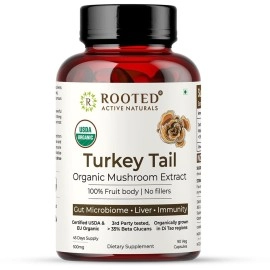 Rooted Active\'s Turkey Tail mushroom Extract Capsules (90 Veg Caps, 500 mg), USDA & EU Certified Organic| 30% Beta Glucans - Lab verified | Heart health, Stress Relief, Liver support