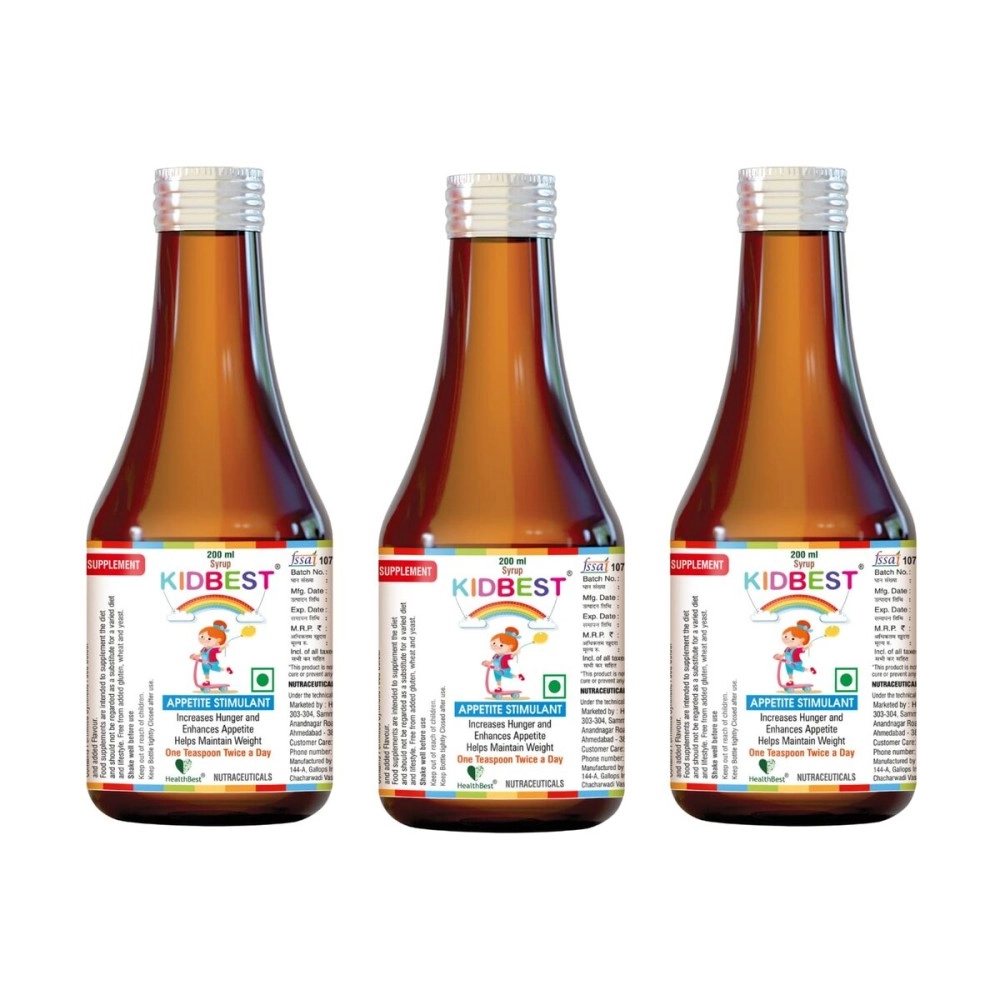 HealthBest Kidbest Appetite Syrup for 3-13 Years Kids Pack of 3 | Each 200ml