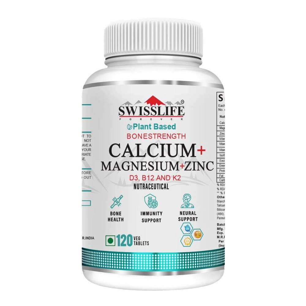 SWISSLIFE FOREVER Pack of 1 Calcium Magnesium & Zinc (120 Veg Tablets) Tablets with Vitamin D3 | Calcium Supplement For Women and Men | For Bone Health & Joint