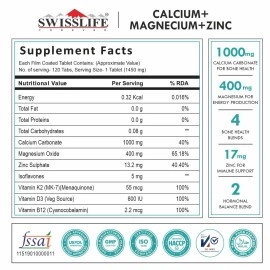 SWISSLIFE FOREVER Pack of 1 Calcium Magnesium & Zinc (120 Veg Tablets) Tablets with Vitamin D3 | Calcium Supplement For Women and Men | For Bone Health & Joint