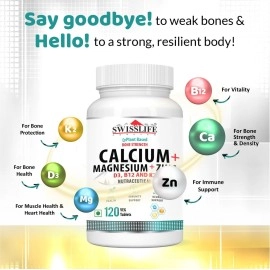 SWISSLIFE FOREVER Pack of 1 Calcium Magnesium & Zinc (120 Veg Tablets) Tablets with Vitamin D3 | Calcium Supplement For Women and Men | For Bone Health & Joint