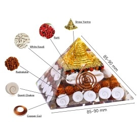 Shri Yantra Gomti Chakra Laxmi Pyramid - 90mm Large Maha Laxmi Orgonite Pyramid with Shree Yantra - Feng Shui Vastu Items for Home with Rudraksha, Gomati Chakra, Chirmi & Kaudi Shells (Wealth Pyramid