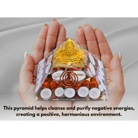 Shri Yantra Gomti Chakra Laxmi Pyramid - 90mm Large Maha Laxmi Orgonite Pyramid with Shree Yantra - Feng Shui Vastu Items for Home with Rudraksha, Gomati Chakra, Chirmi & Kaudi Shells (Wealth Pyramid