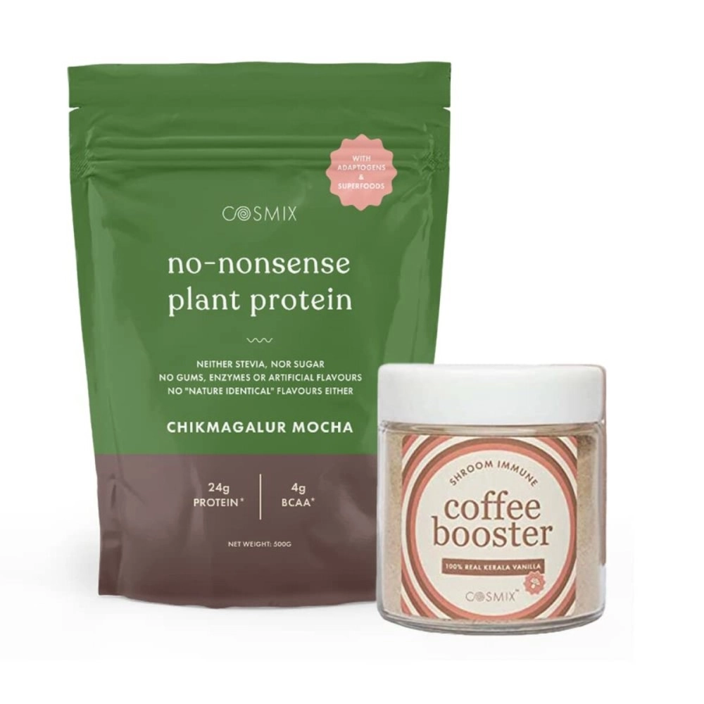 Cosmix -No Nonsense Plant Protein + Shroom Immune Coffee Booster Vanilla| Plant Protein- Organic Brown Rice&Pea Isolate|Coffee Booster -Reshi,Chaga&Sliver Ear|Immunity Boosting&Prevent Caffeine Crash