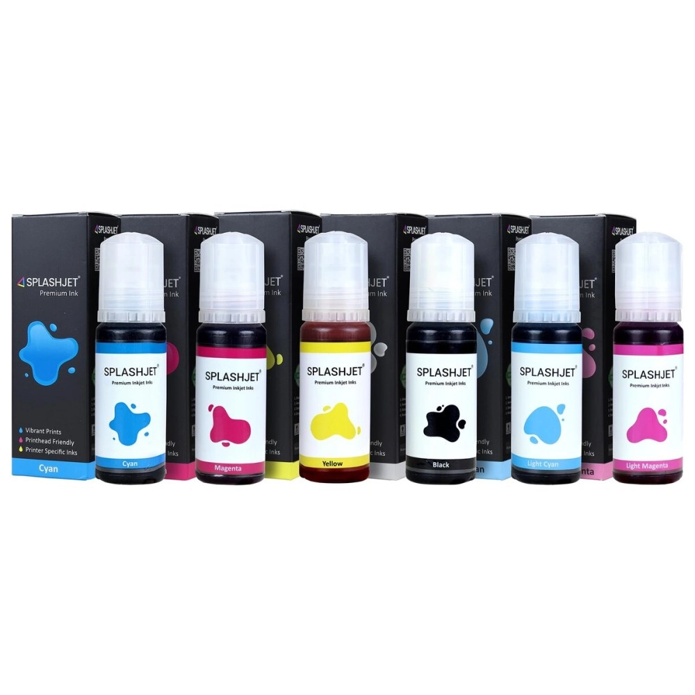 Splashjet 057 Refill Ink for Ep L8050, L18050 Printer - Compatible Ink Bottle for Epson 057 Ink Code for Epson Inktank Printer - (70gm x C/M/Y/Bk/LC/LM) Ink Bottle - 503492