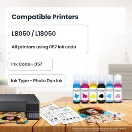 Splashjet 057 Refill Ink for Ep L8050, L18050 Printer - Compatible Ink Bottle for Epson 057 Ink Code for Epson Inktank Printer - (70gm x C/M/Y/Bk/LC/LM) Ink Bottle - 503492