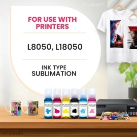 Splashjet Sublimation Ink for Epson L8050, L18050 - Heat Transfer Printing on Mugs, Mobile Cases, Polyester T-Shirts etc for use with Epson 6 Color Printers (70gm x C/M/Y/Bk/LC/LM) - 503504
