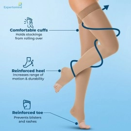 Expertomind Compression Stockings for Women and Men | Class 2 Thigh Length Medical Socks for Varicose Vein and Leg Pain Relief | 23-32 mm Hg | Compression Socks, Pair of 2, Beige