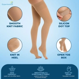 Expertomind Compression Stockings for Women and Men | Class 2 Thigh Length Medical Socks for Varicose Vein and Leg Pain Relief | 23-32 mm Hg | Compression Socks, Pair of 2, Beige