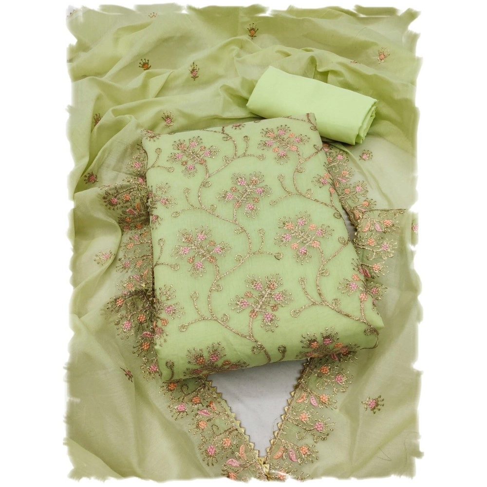 Pandadi Saree Women\'s Green Chanderi Silk Kashmiri Embroidery Work Unstitched Salwar Suit Dress Material