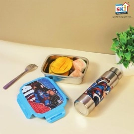 SKi Homeware Steel Lunch Box (600 ML) & Stainless Steel Slim Bottle (350 ML) Combo/Gift Set- Spiderman