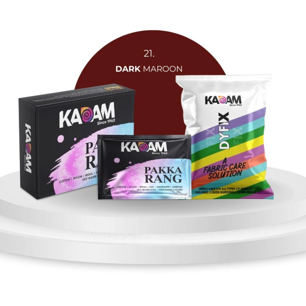 KADAM (LABEL) Pakka Rang Fabric Dye for Clothes Permanent | Fabric Dye Colour for Clothes | Dye for Faded Jeans | 5 sachets of Shade 21 Dark Maroon Colour & 5 sachets of DyFix Color Fixer Liquid