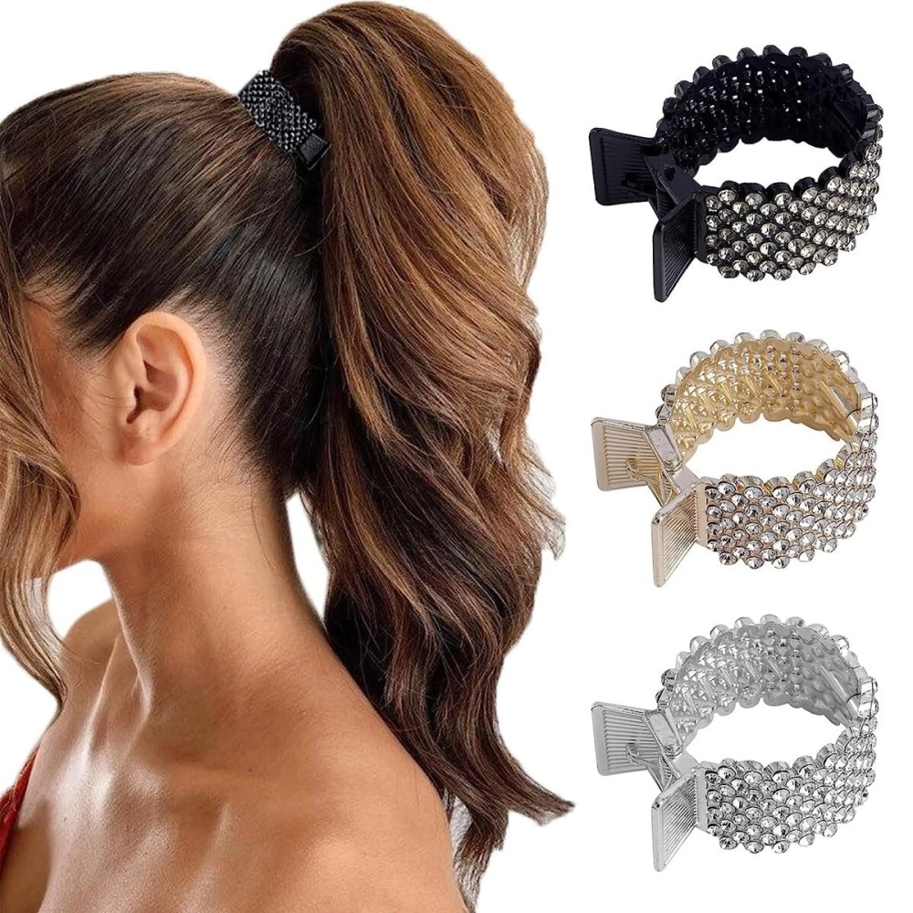 PALAY 3Pcs Hair Claw Clips for High Ponytail, Small Metal Rhinestone Hair Clips Ponytail Holder Buckle for Thick Long Hair, Decorative Hair Accessories for Women Girls (Black+Gold+Silver)