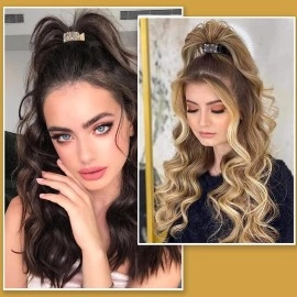 PALAY 3Pcs Hair Claw Clips for High Ponytail, Small Metal Rhinestone Hair Clips Ponytail Holder Buckle for Thick Long Hair, Decorative Hair Accessories for Women Girls (Black+Gold+Silver)