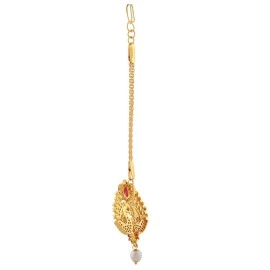 Estele Gold Plated CZ Peacock Designer Maang Tikka with Pearl for Women, One Size, Non-Precious Metal, No Gemstone