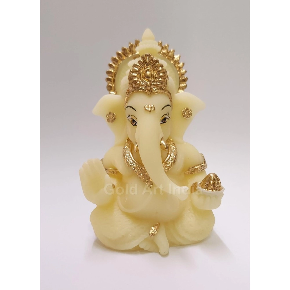 Gold Art India Ivory Finish with Gold Color Work Car Dashboard Idol 3.5 inches (Gold Ivory) (NEWGANESHA3)