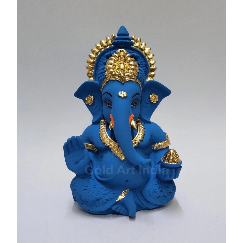 Gold Art India Blue Terracotta Finish Ganesha Idol for Car Dashboard (3.5 inches) (Blue)