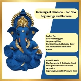 Gold Art India Blue Terracotta Finish Ganesha Idol for Car Dashboard (3.5 inches) (Blue)