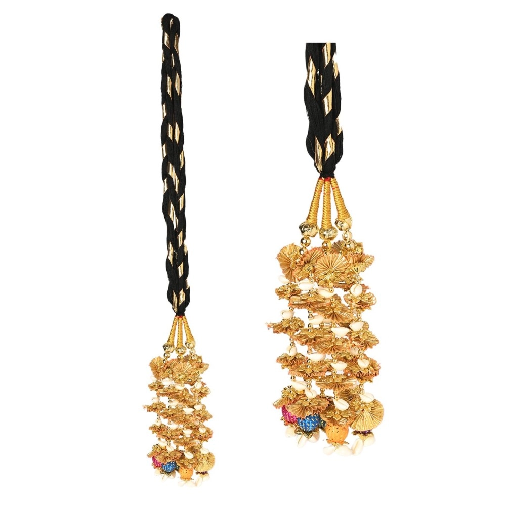 VTN Women\'s Patiala Shahi Parandi/Paranda Traditional Hair Accessory Braid Tassles/Hair Extension/Choti (Black with Golden Color Hangings & Multicolor Balls)