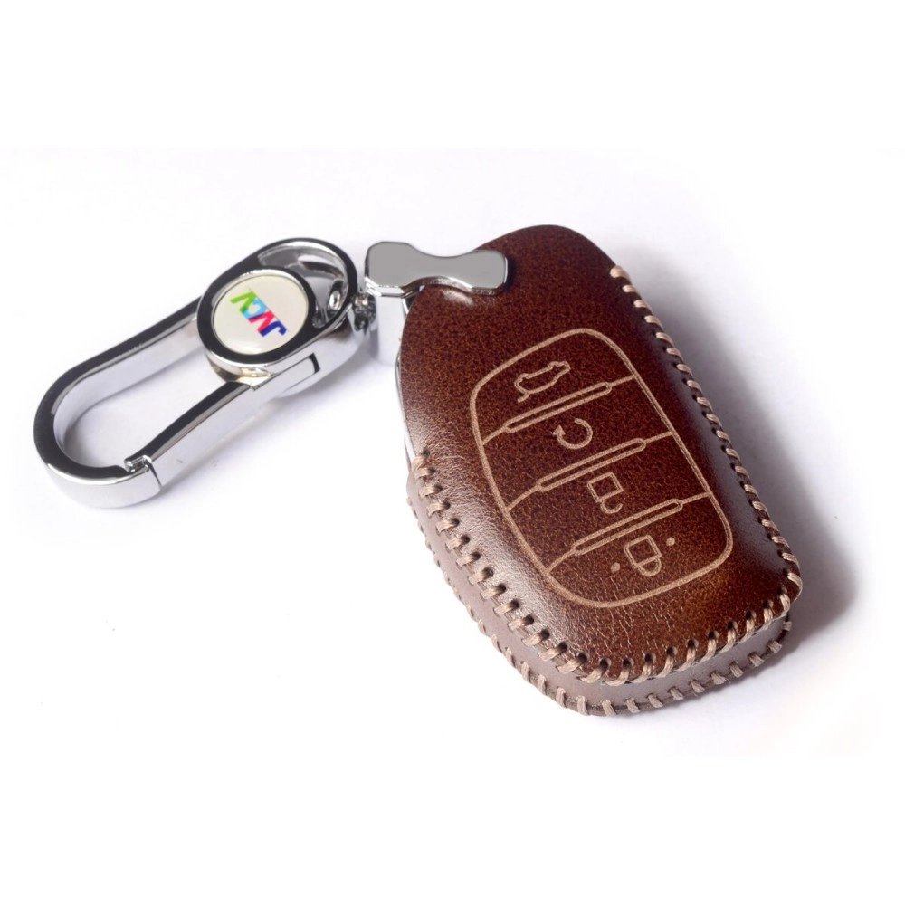 JVCV Car Styling Soft Handmade Leather Key Cover Compatible with Hyundai Alcazar and Creta 2021 2022 2023 Car 4 Button Smart Key (Brown)