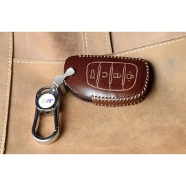 JVCV Car Styling Soft Handmade Leather Key Cover Compatible with Hyundai Alcazar and Creta 2021 2022 2023 Car 4 Button Smart Key (Brown)