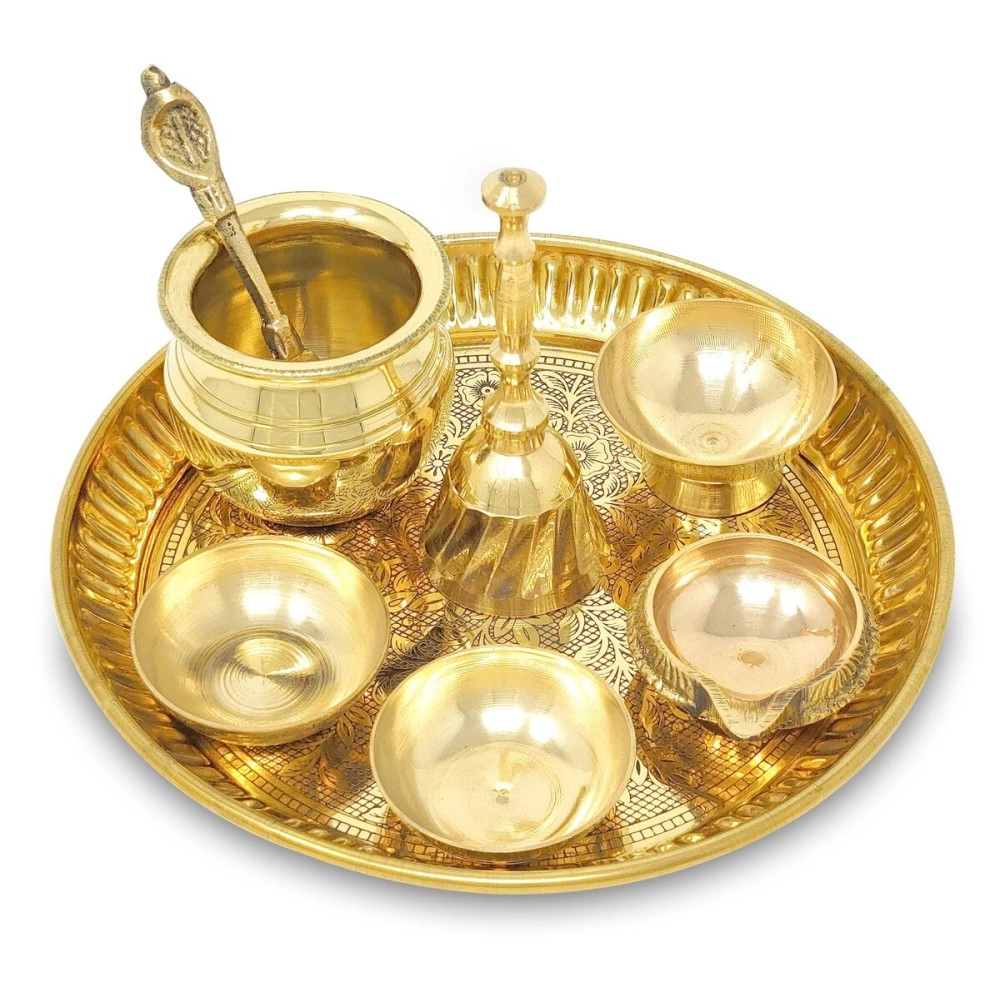 BENGALEN Brass Pooja Thali Set Small 6 Inch Puja Thali with Pital Plate Chandan Wati Kalash Kuber Diya Ghanti Palli Arti Thali for Diwali Home Office Mandir Wedding Return Gift Items