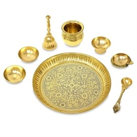 BENGALEN Brass Pooja Thali Set Small 6 Inch Puja Thali with Pital Plate Chandan Wati Kalash Kuber Diya Ghanti Palli Arti Thali for Diwali Home Office Mandir Wedding Return Gift Items