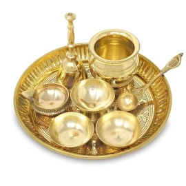 BENGALEN Brass Pooja Thali Set Small 6 Inch Puja Thali with Pital Plate Chandan Wati Kalash Kuber Diya Ghanti Palli Arti Thali for Diwali Home Office Mandir Wedding Return Gift Items