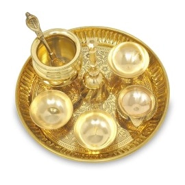 BENGALEN Brass Pooja Thali Set Small 6 Inch Puja Thali with Pital Plate Chandan Wati Kalash Kuber Diya Ghanti Palli Arti Thali for Diwali Home Office Mandir Wedding Return Gift Items